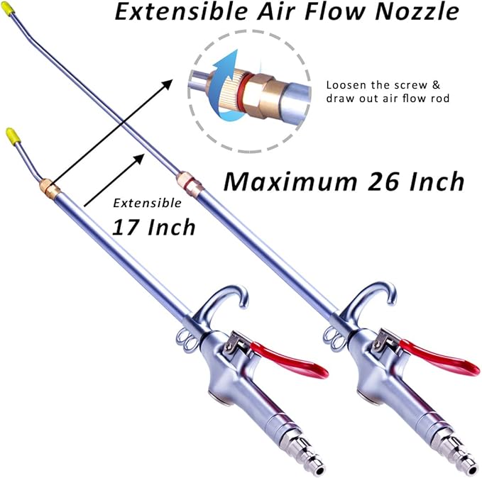 High Volume Powerful Industrial Air Blow Gun, 17-26 Inch Extensible Stainless Steel Air Flow Nozzle, Pneumatic Air Compressor Accessories Tool, Extended Dust Air Blower Gun with 360 Degree Swivel Hook