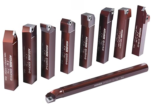 Accusize Industrial Tools 1" Shank, 9-Piece Indexable Turning & Boring Set, Uncoated Sharp-Edge Carbide Inserts for Aluminum, 3988-0001