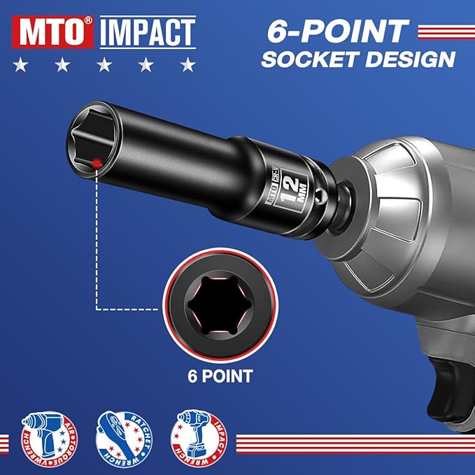 MTO 1/2" Drive 12mm Deep Impact Socket, 6-Point Metric Socket for Automotive Maintaince, CR-V Steel Meets ANSI Standards