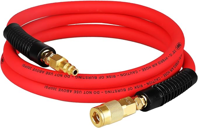 Keepro Hybrid Air Hose, Flexible 3/8 Inch ID x 6 Feet Long Lead-in Short Air Compressor Hose with Swivel Solid Brass 1/4" Industrial Quick Coupler and Plug, 300 PSI Maximum Pressure, Red