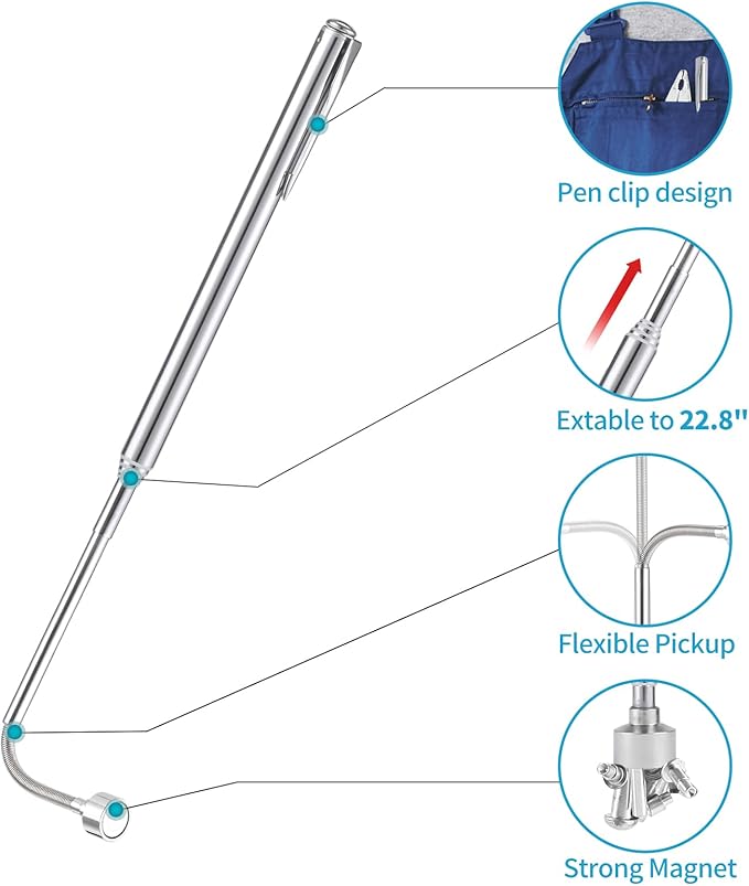 2 Pieces 5 LBS Flexible Magnetic Pickup Tool Set, 23.6" Spring Bendable Extension Pick Up, with Pen Clip Design, Magnet Stick Kit for Men, Birthday, Father's Day, Christmas Gift