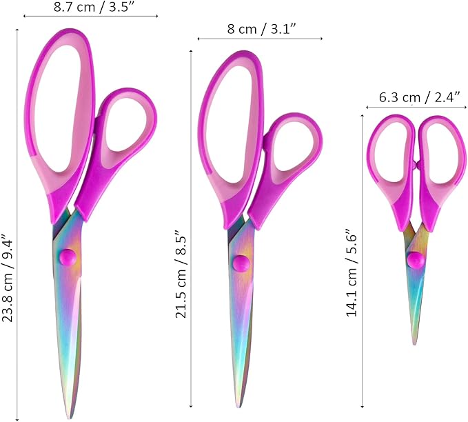3PCS Purple Craft Scissors, Sharp Tailor Scissors, Titanium Blades Shears Rubber Soft Grip Handle, Multi-Purpose Fabric Scissors for Adults, Office, Sewing, School and Home Using