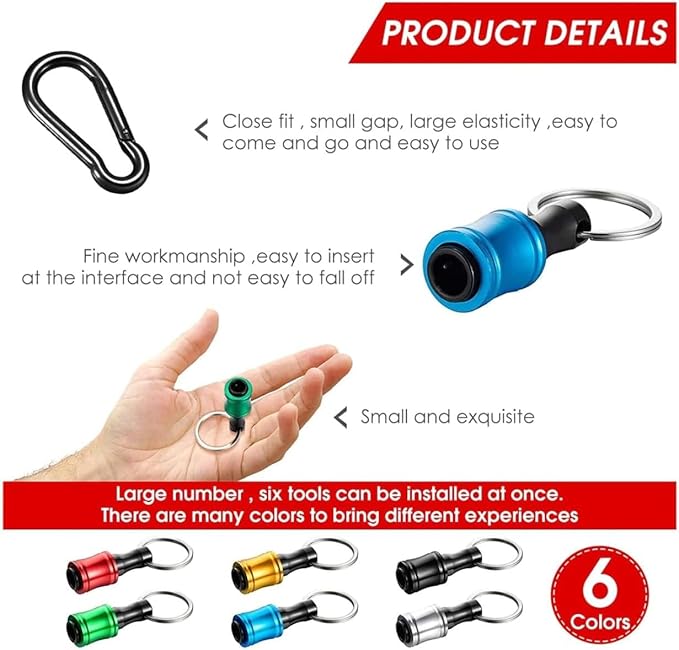 Bit Holder Keychain 12pcs - 1/4 inch Hex Shank Bit Holders - Quick Release Design for Nut Driver, Screwdriver & Drill Bits - Aluminum Alloy, Color Coded - Include 2 Keychain Carabiners