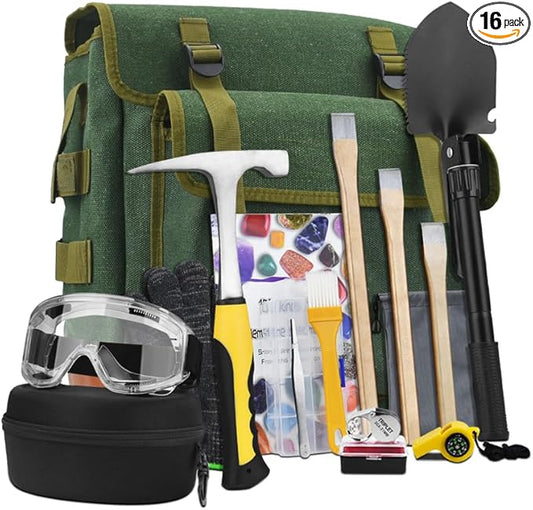 16 PCS Geology Rock Pick Hammer Kit, 22oz Hammer & 3 PCS Digging Chisels Set for Rock Hounding, Gold Mining & Prospecting Equipment Tool Gear Shovel Musette Backpack,Magnifying Glass, Goggles,Whistle