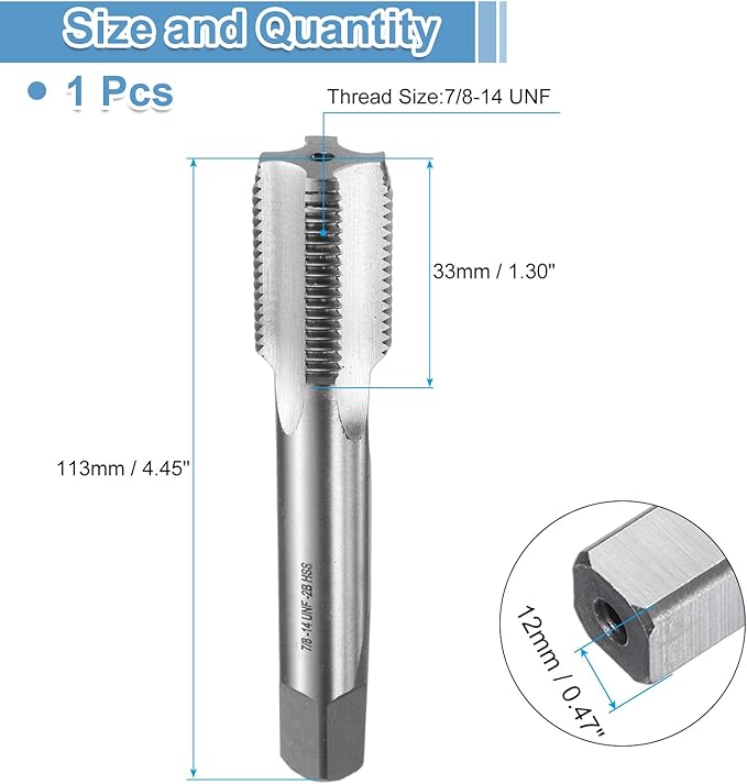 uxcell Hand Bottom Tap 7/8-14 UNF 2B Thread Bottoming Style Threading Taps High Speed Steel HSS6542 Straight Flutes Screw Tapping Tool