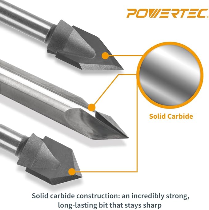 POWERTEC V Groove Router Bits Set, 1/4" Shank, (2) 60-Degree (1/4" & 1/2" Cutting Dia.) & 90-Degree (1/2" Cutting Dia.) Woodworking Router Bits for use on CNC Machine and Router Tool (73031)