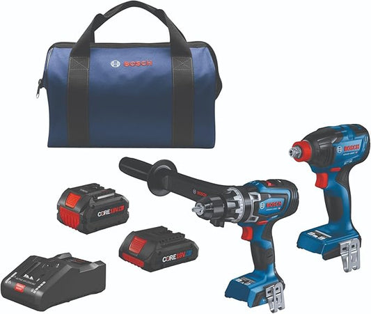 BOSCH GXL18V-260B26 18V 2-Tool Combo Kit with 1/2 In. Hammer Drill/Driver, 1/4 In. and 1/2 In. Two-In-One Bit/Socket Impact Driver, (1) CORE18V 8 Ah Battery and (1) CORE18V 4 Ah Battery