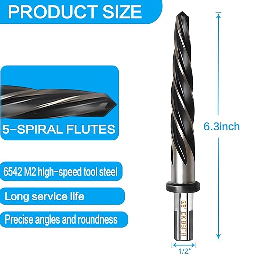 5/8??Bridge Construction Reamer Drill Bit, M2 HSS Taper Chucking Reamer for Steel Alloy Metal Wood Plastic, 1/2" Non-Slip Shank, 5-Spiral Flutes Car Reamer, to Align or Enlarge Holes, 16mm