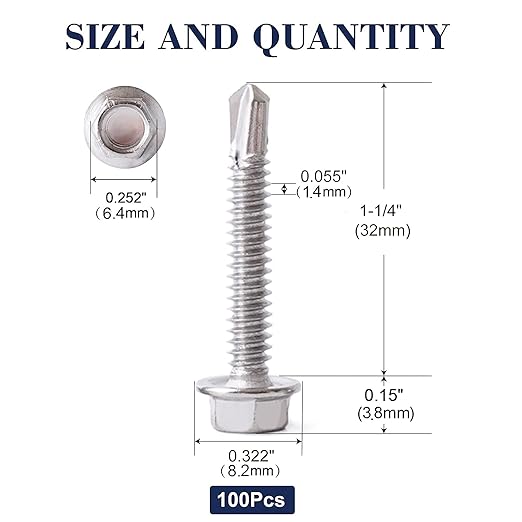 #8 x 1-1/4" Sheet Metal Screws 100PCS 410 Stainless Steel Hex Washer Head Fast Self Tapping Screws by SG TZH