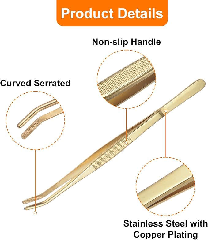 HARFINGTON Stainless Steel Tweezers 8.6" Long Handle Curved Serrated Tip Tweezers Multi Purpose for Craft Gardening Industrial Work Lab Use, Yellow