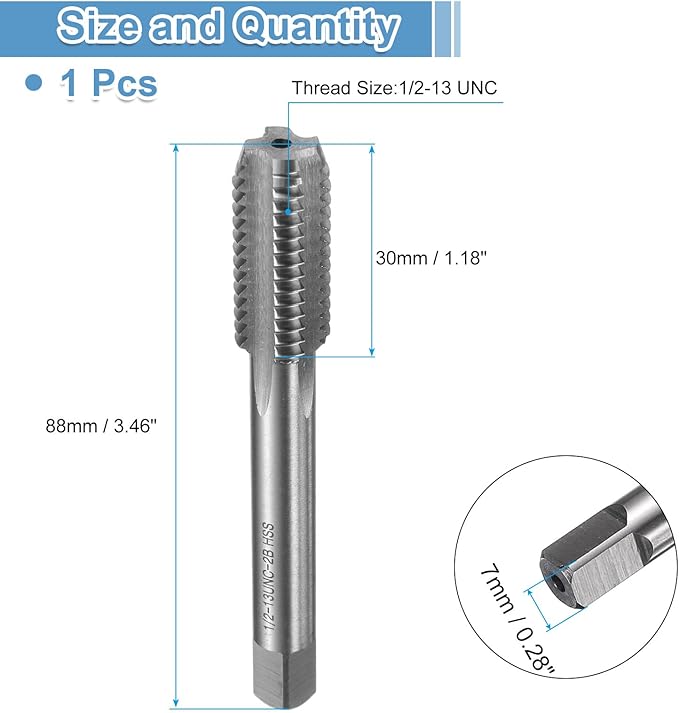 uxcell Hand Bottom Tap 1/2-13 UNC 2B Thread Bottoming Style Threading Taps High Speed Steel HSS6542 Straight Flutes Screw Tapping Tool