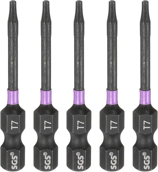 HARFINGTON 5pcs T7 Torx Head Impact Screwdriver Bits 1/4" Hex Shank 2" (50mm) Long Magnetic No Hole Tamper Proof 6 Point Star Screw Driver Drill Bits Phosphate S2 Steel Power Tools