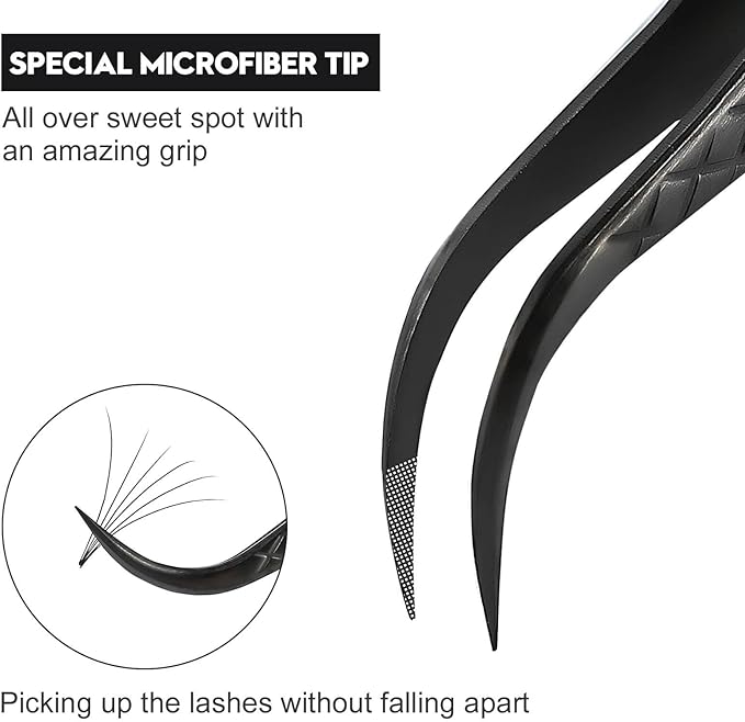 Ms.Queen Eyelash Tweezers For Extensions, Precision Diamond Grip Curved Lash Tweezers Fiber Tip,Black