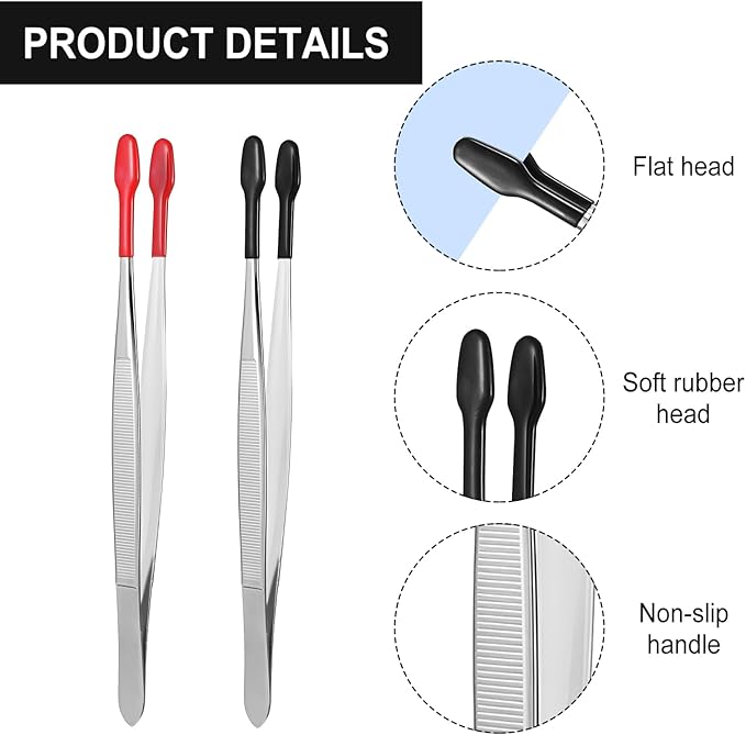 2PCS 6" Rubber Tipped Tweezers Silicone Tips Long Tweezer for Crafts, Coated Hobby Tweezers, Non Marring Stainless Steel Flat Tip Forceps Tweezer for Stamp Coins Jewelry Crafts Industrial Electronic