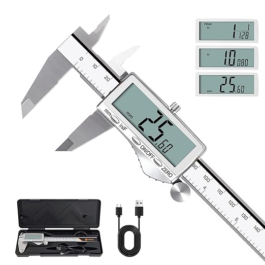 HARDELL Digital Caliper, Rechargeable Calipers with Large LCD Screen, Stainless Steel Caliper Measuring Tool, Auto-Off, Inch/MM/Fraction for DIY/Household/3D-printing