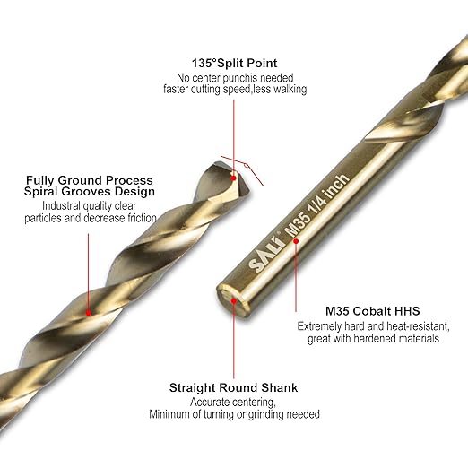 SALI Cobalt Drill Bit Set, 10Pcs 1/4" M35 High Speed Steel Jobber Length Drill Bit Kit for Hardened Metal, Stainless Steel, Cast Iron, Wood and Plastic, with Index Storage Case