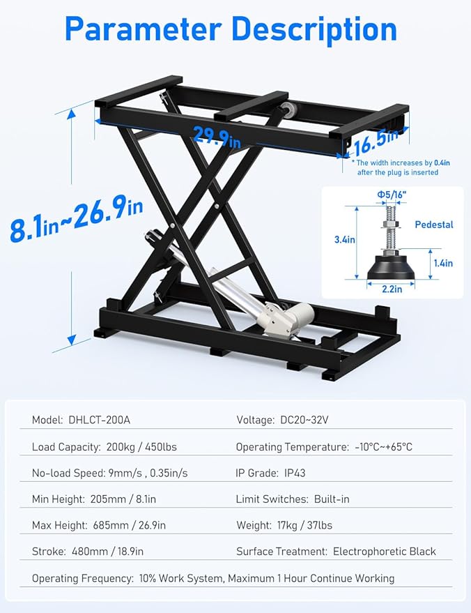 DIHOOL Electric Scissor Lift Table, 440Lbs Capacity, 8.07"-26.97" Height Adjustable Lifting Platform, Super Quiet with Remote & WiFi Control, Obstruction Detection, AC/DC Power for Home/Industrial Use