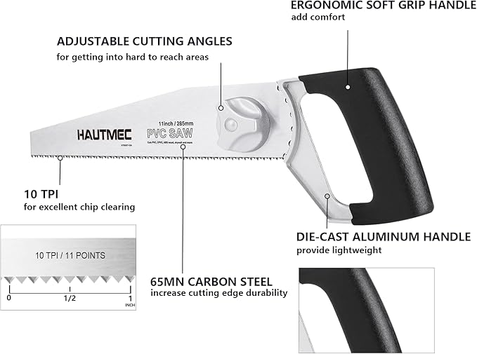 HAUTMEC Heavy Duty 11-Inch PVC/ABS Pipe Saw And General Purpose Hand saw, Adjustable Cutting Angle, For Cutting Pipe In Tight Spaces, for Trimming, Gardening, Wood, Drywall, And Plastic HT0027-SA