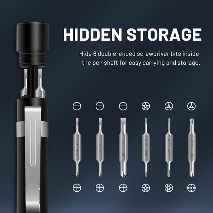 13 in 1 Magnetic Precision Screwdriver Pen, Aluminum EDC Mini Screwdriver Set with 6 Double-Ended Bits, Hidden Storage Design for Eyeglasses, Watches, iPhone, Laptop & Electronics Repair (13IN1-Grey)