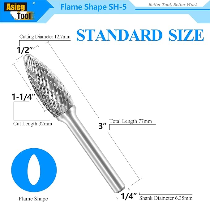 SH-5 Tungsten Carbide Burr Rotary File Flame Shape Double Cut with 1/4''Shank for Die Grinder Drill Bit