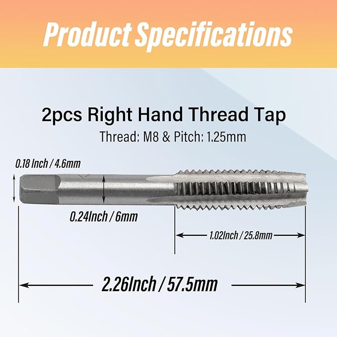 Qjaiune 2pcs M8x1.25 Tap, M8 Metric Thread Right Hand Tapping Tool, HSS Thread Milling Taps (M8 x 1.25, 1 Pair)