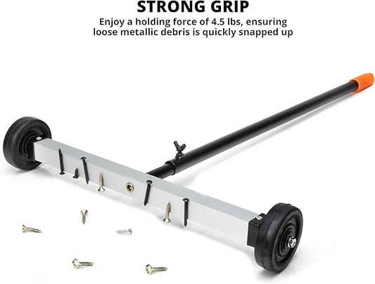 NEIKO 53414A 17-Inch Mini Magnetic Sweeper, Rolling Magnetic Sweeper with Wheels, Adjustable Handle, Lightweight Magnet to Pick Up Nails, 10-Pound Capacity, Nail Finder