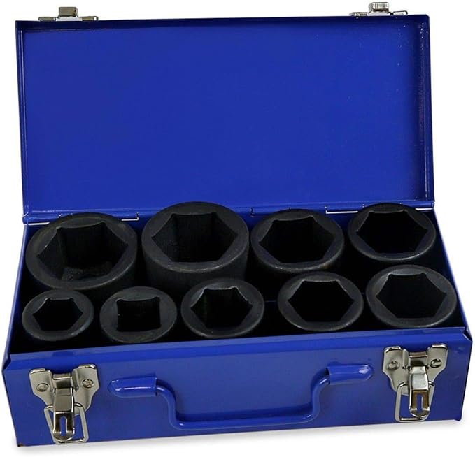 Stark USA 9-Pieces 1" Drive Deep Impact Socket Set 6-Point (1-Inch - 2-Inch) Heavy Duty CR-MO, Truck Tire Service, Mechanical Equipment Maintance Set SAE Carrying Case