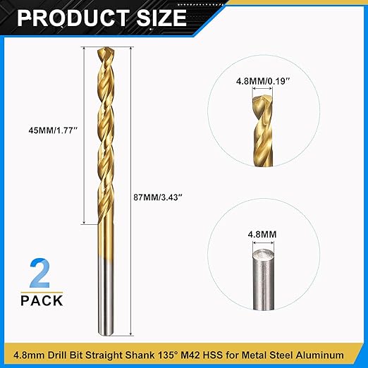 PATIKIL 4.8mm Drill Bit, M42 8% Cobalt High-Speed Steel Jobber Straight Shank 135° Titanium Nitride (TiN) Coated for Hard Metal Stainless Steel - 2 Pack