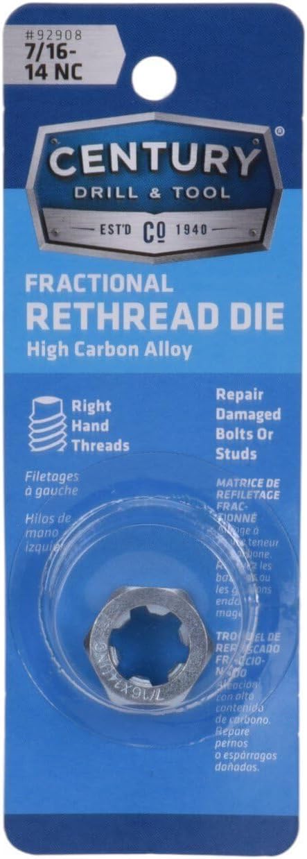 Century Drill & Tool, 92908, 7/16-14 NC, National Coarse Fractional Right Hand Rethreading Die, High Carbon Steel, Fix Damaged Bolts or Studs