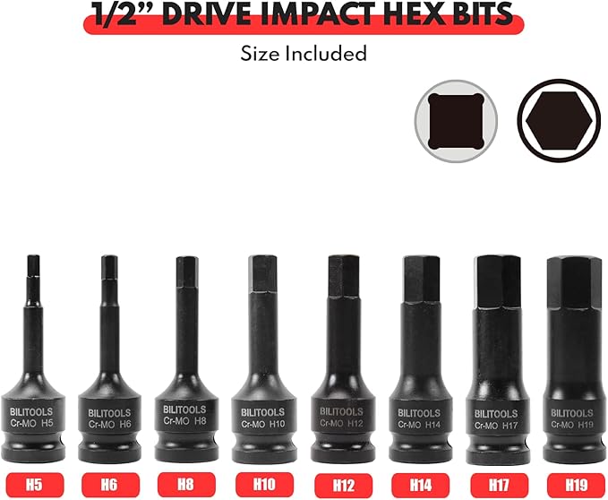 BILITOOLS 8-Piece Impact Hex Allen Bit Socket Set 1/2 inch Drive, H5-H19, Cr-Mo Steel