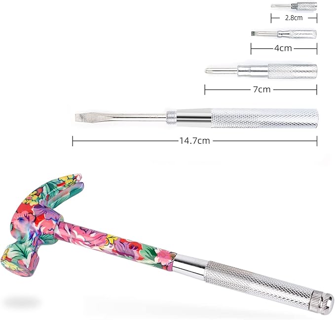 YOUMI 6 in 1 Multifunctional Floral Hammer & Screwdriver Tool Set Claw Hammer with Slotted/Flat Head Phillips Screwdriver Nail Puller Best Christmas Thanksgiving Halloween Gift for Her(Pink)