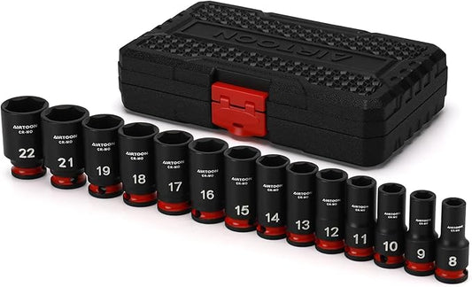 AIRTOON 3/8 in. Drive Semi-Deep Impact Sockets Set, Mid-Length Socket Set, Metric, 8 to 22 mm, 14-Piece, CR-MO, Stamped and Ink Filled Size Marking