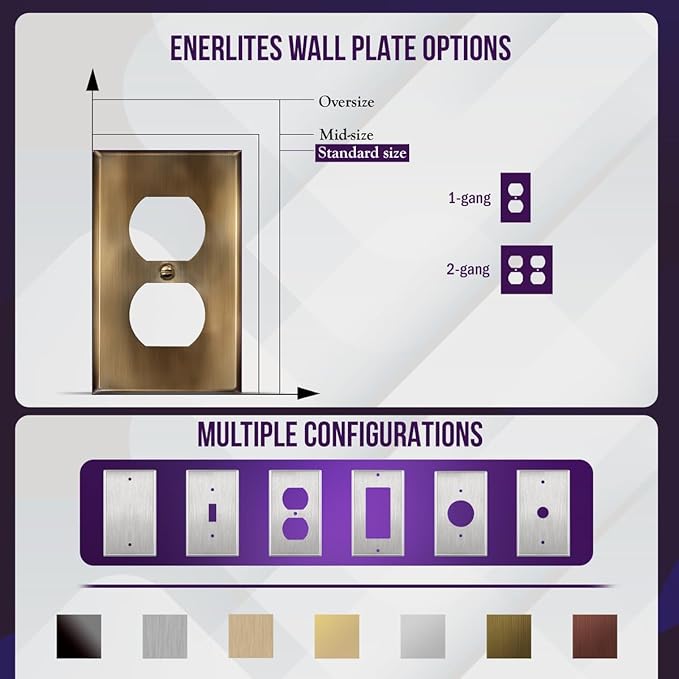 ENERLITES Duplex Receptacle Metal Wall Plate, Stainless Steel, Outlet Cover, Corrosion Resistant, Standard Size 1-Gang 4.50" x 2.76", Stainless Steel 201, 7721-AB, Antique Brass