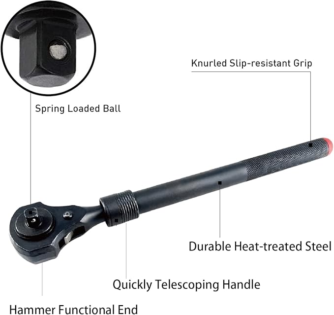 MacWork 1/2in.& 3/8in Dual Head Ratchet Handle -Telescopic Black Ratchet Spanner with Hammer Function