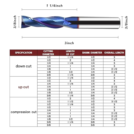 Carbide Spiral Up Cut Router Bit with 3/8 Shank Nano Blue Coating 2 Flute CNC Upcut Router Bit for Wood MDF Aluminum Carving Engraving CNC End Mill 3/8 Cut Diameter, 1-1/4 CL, 3" OVL
