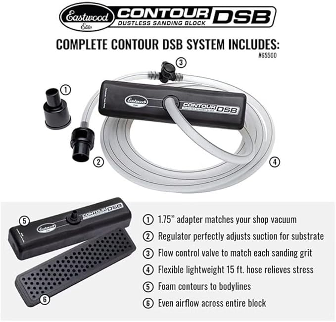 Eastwood Elite Contour DSB Dustless Auto Body Sanding Block Kit with Sandpaper | Automotive Sanding Blocks and Contour Hand Sander for Drywall & Autobody | 40, 80, 320, 180, 400 Grit Sandpaper