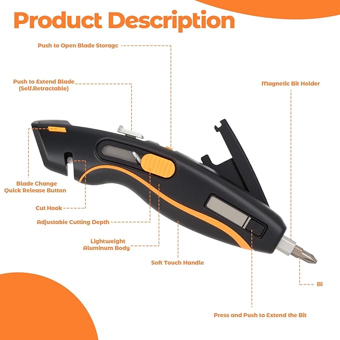 Lizeonz Premium Multi-Function Utility Knife, Retractable Metal Heavy Duty Box Cutter, Lightweight Handle with Quick-Change Blade Holder, Built-in Screwdriver and Blade Storage (with 3 Blades)