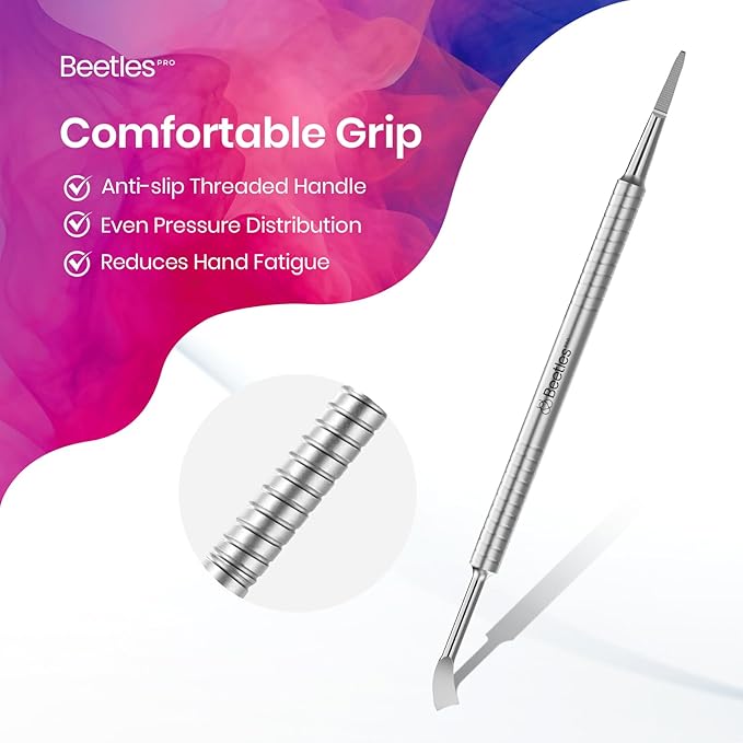Beetles Pro 1-Pcs Dual-End Nail Pusher & Cuticle Cleaner - 14mm Serrated Edge & 5mm Curved Blade, Ergonomic Anti-Slip Handle, Professional Manicure Tool for Nail Care