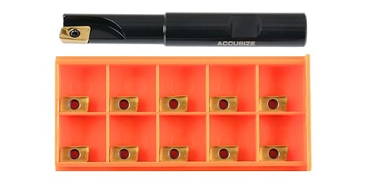 Accusize Industrial Tools 1/2" 90째 Square Shoulder Indexable End Mill w/ 10 add'l APKT11T308 Inserts, 1/2" Shank, 3-1/4" OAL, 0.433" ap, 1 Flute, APKT11T308, Carbide Insert, 0056-0914+0056-1130