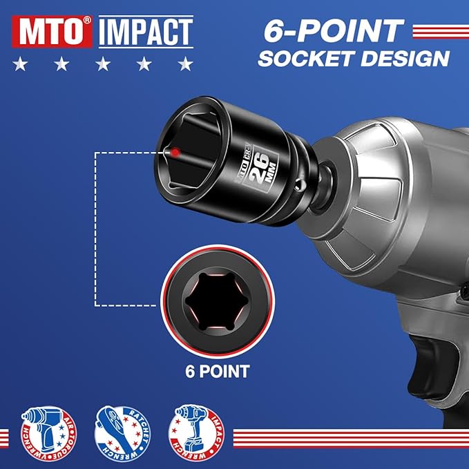 MTO 1/2" Drive 26mm Shallow Impact Socket, 6-Point Metric Socket for Automotive Maintaince, CR-V Steel Meets ANSI Standards