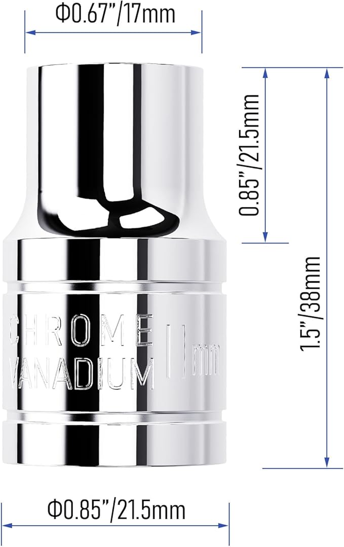 11mm Shallow Socket, 1/2 Inch Drive, 6-Point, Metric, Heat Treated CR-V Steel Short Sockets, Full Polishing, 1.5 Inch Length