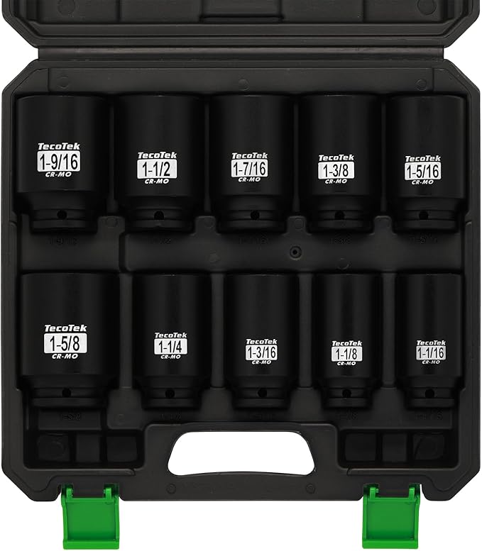 1/2" Drive Deep 6-Point Impact Socket Set, 10-Piece Deep SAE Spindle Axle Nut Impact Socket Set, Cr-Mo, 1-1/16-Inch to 1-5/8-Inch Size, Enhanced Storage Case