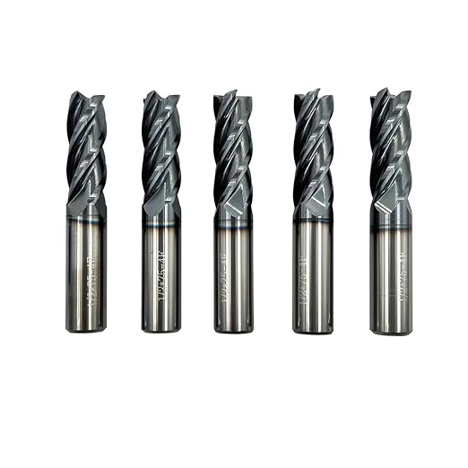 5PCS 1/2'' Carbide Square End Mill Bits Set, Milling Bits Cutter 1/2 Carbide End Mills for Alloy Steels/Hardened Steels, HRC 45 Deg Single End 4 Flute AlTiN Coating