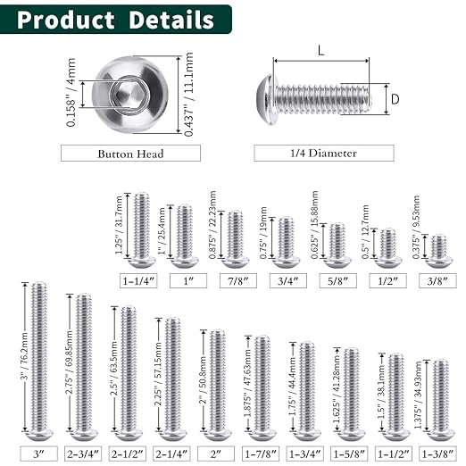 1/4-20 x 5/8" Button Head Socket Cap Bolts Screws, 304 Stainless Steel 18-8, Allen Hex Drive, Bright Finish, Fully Machine Thread, Pack of 50