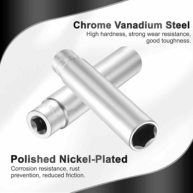 HARFINGTON 2pcs 6 Points Deep Socket 3/8" Drive 18mm Deep Metric CR-V Steel Polished Nickel Plating Flip Sleeve 120mm / 4.7" Extra Long Socket Tool for Home Auto Nuts Bolts Repair