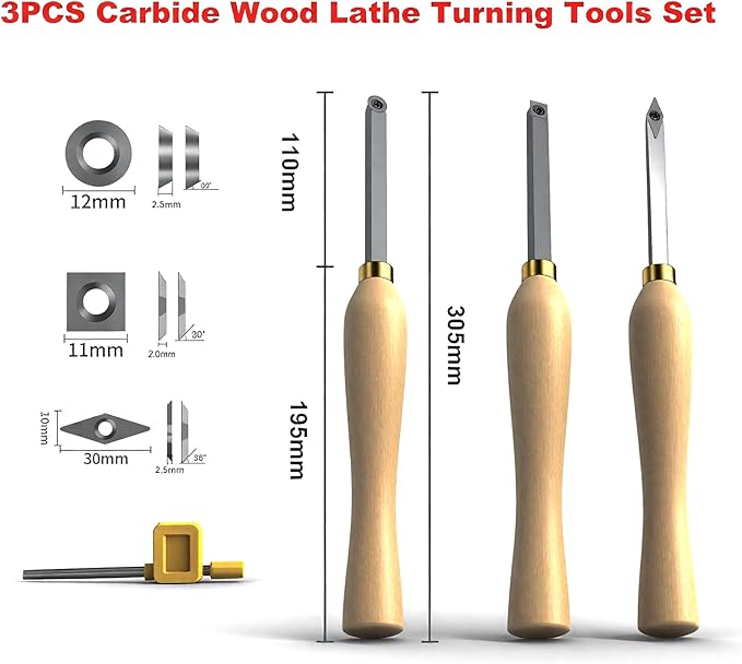 Carbide Wood Lathe Turning Tools Set - Rougher, Detailer, Finisher with Comfort Wood Handle | Replaceable Diamond, Round and Square Inserts, for Pen Knobs Small Bowls and Goblets Projects, 3PCS