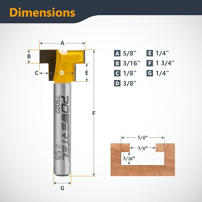 POWERTEC T Track Router Bit, Tungsten Carbide Tipped Router Bit, 1/4" Shank, 5/8" Dia., Slatwall, T Slot for Picture Frames, Compatible with 1/4" & 5/16" T Track Bolts (73022)
