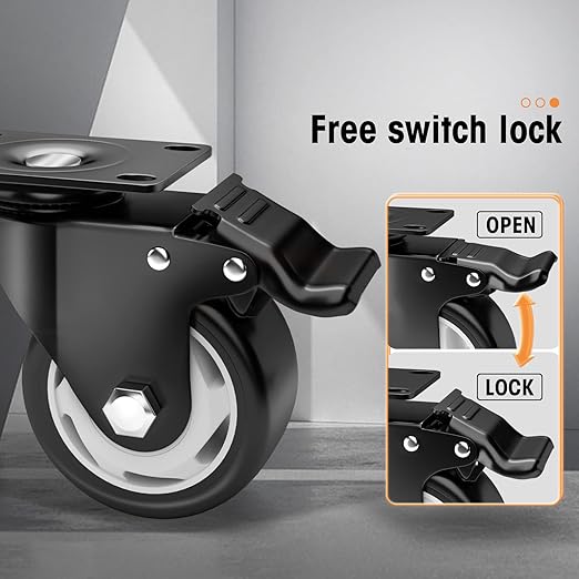 Casters, 3" Caster Wheels竊똂asters Set of 4 Heavy Duty - ASRINIEY Black Polyurethane Castors, Top Plate Swivel Wheels, 4-Pack Industrial Casters with Brake, Locking Casters for Furniture and Workbench
