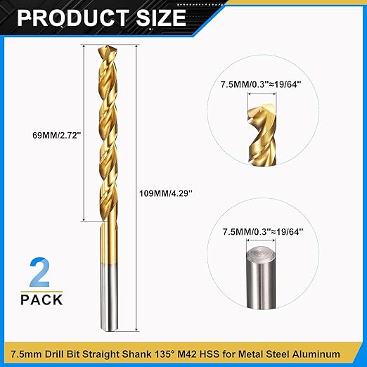 PATIKIL 7.5mm Drill Bit, M42 8% Cobalt High-Speed Steel Jobber Straight Shank 135° Titanium Nitride (TiN) Coated for Hard Metal Stainless Steel - 2 Pack