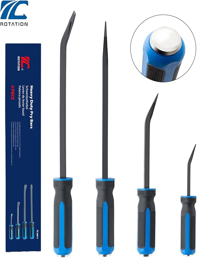 ROTATION 4-Piece Heavy Duty Pry Bar Set with Thicker Hammer Strike Cap and Angled Tip ??Ideal for Automotive Repair, Demolition, Nail Pulling